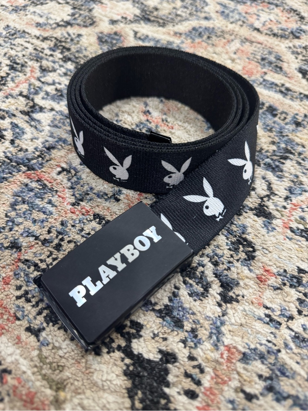 PLAYBOY Black Web Belt with White Bunny Motif